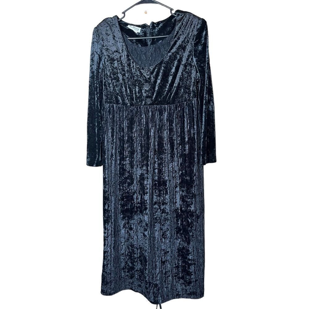 Vintage K.C. Spencer Black Crushed Velvet Maxi Dress Size 14‎